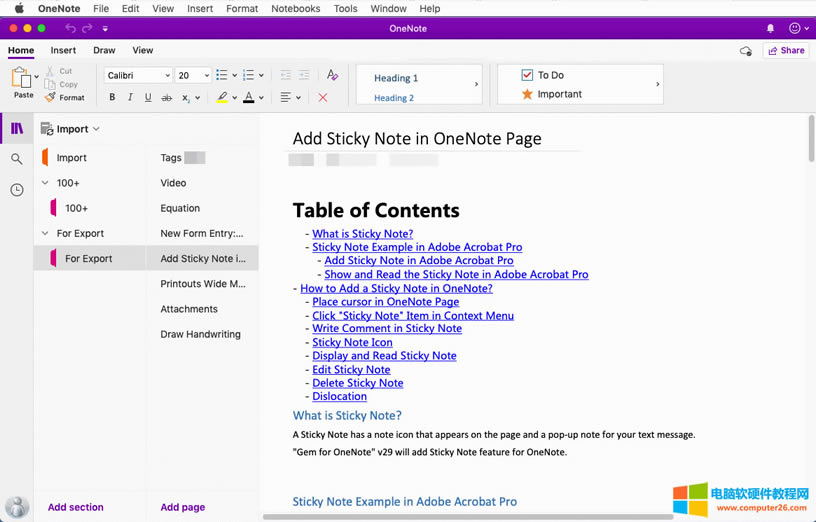 導入到 OneNote 后,形成的樹結構及其頁面